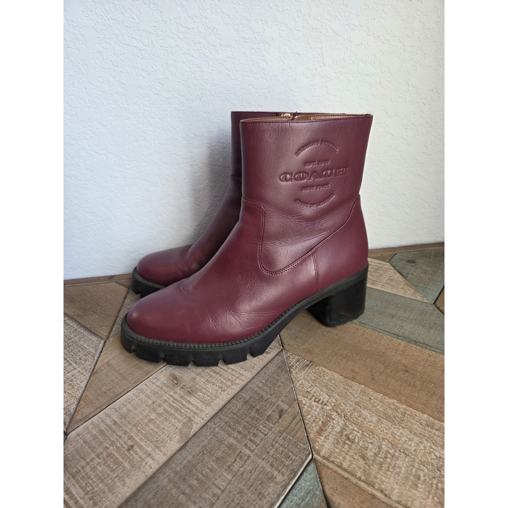 Coach Corinna Bootie Wine‎ CC77 Size 8 B Boots Burgundy Embossed Chunky